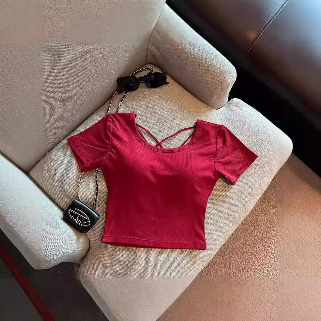 Sexy Short Sleeve Hollow Out Round Neck T-Shirt Women's Slim Fit Summer New Style with Chest Pad Backless Design Polyester Fiber
