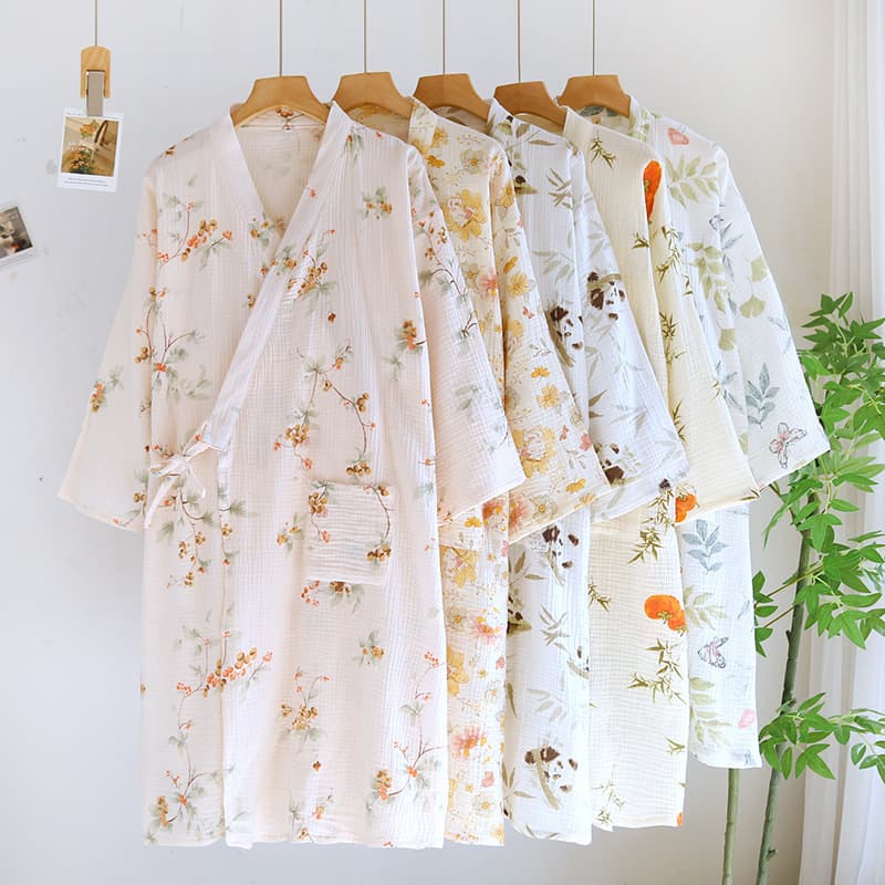 Crepe Kimono Nightgown Women's Four Seasons Thin Cotton Double Gauze Japanese Lace-up Sweat Steamed Hotel Bathrobe Home Clothes