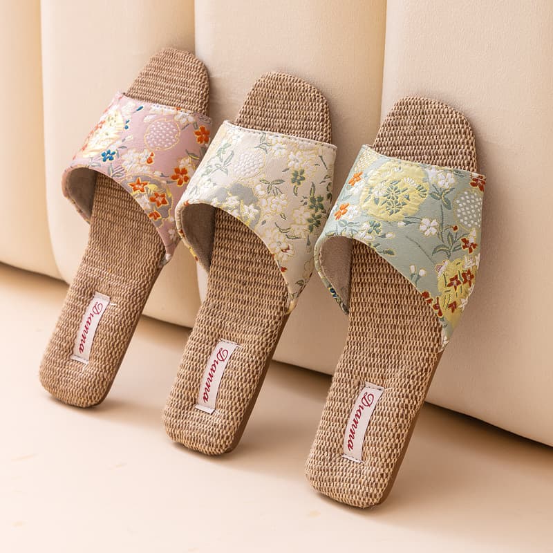 Home Linen Slippers, Anti-Slip, Chinese Style Embroidery, Breathable, Durable, Couple Summer Slippers, Factory Direct, Drop Shipping