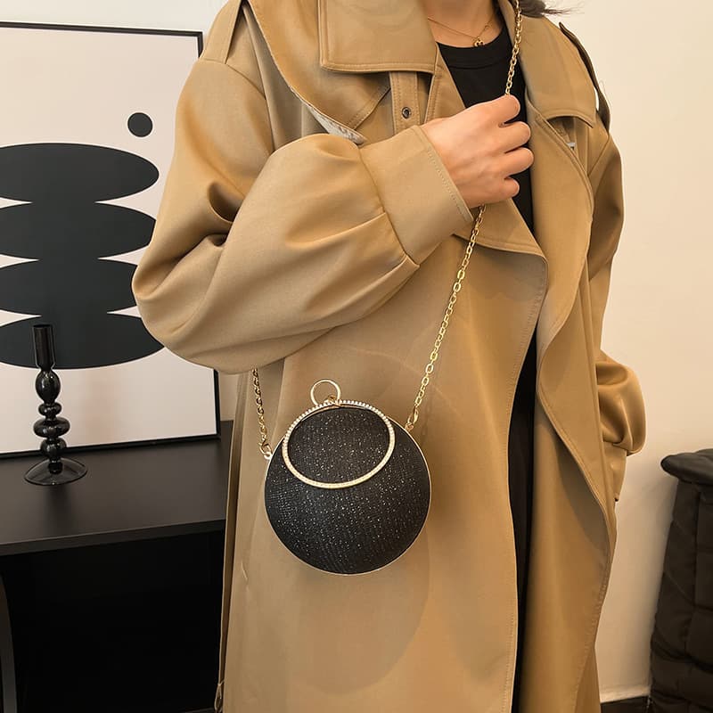 Cross-border European and American Retro Handbag 2025 New Trendy Rhinestone Evening Box Bag Mini Round Ball Chain Crossbody