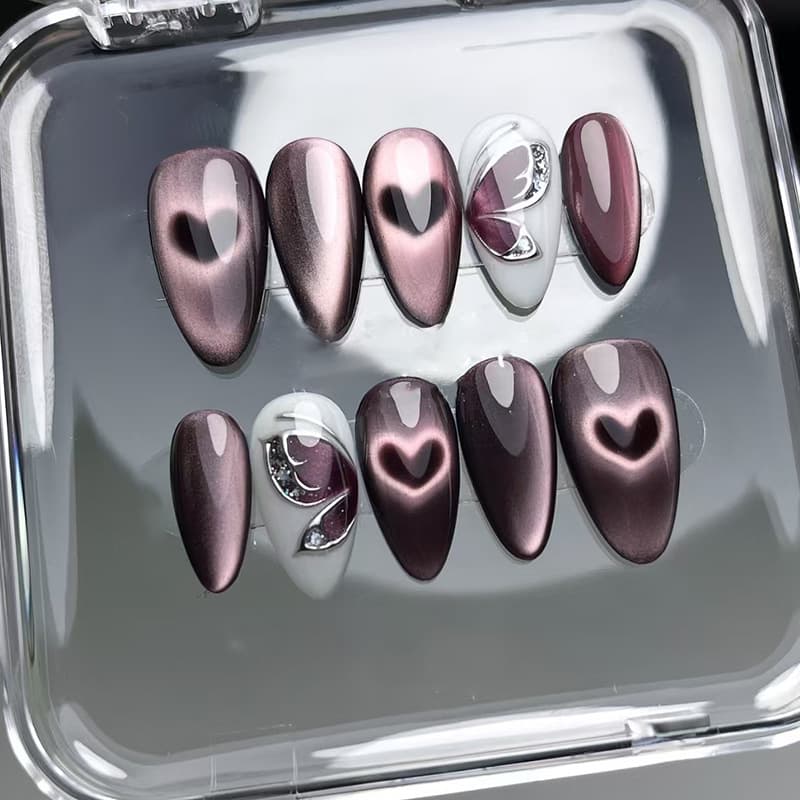 3D Butterfly Cat Eye Hollow Heart European and American Style Removable Press On Nails 24 Pieces