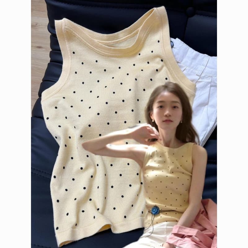Red Polka Dot Knitted Camisole for Women, Summer Design, Niche Style, Outerwear, Racerback, Side Coverage, Sleeveless Top
