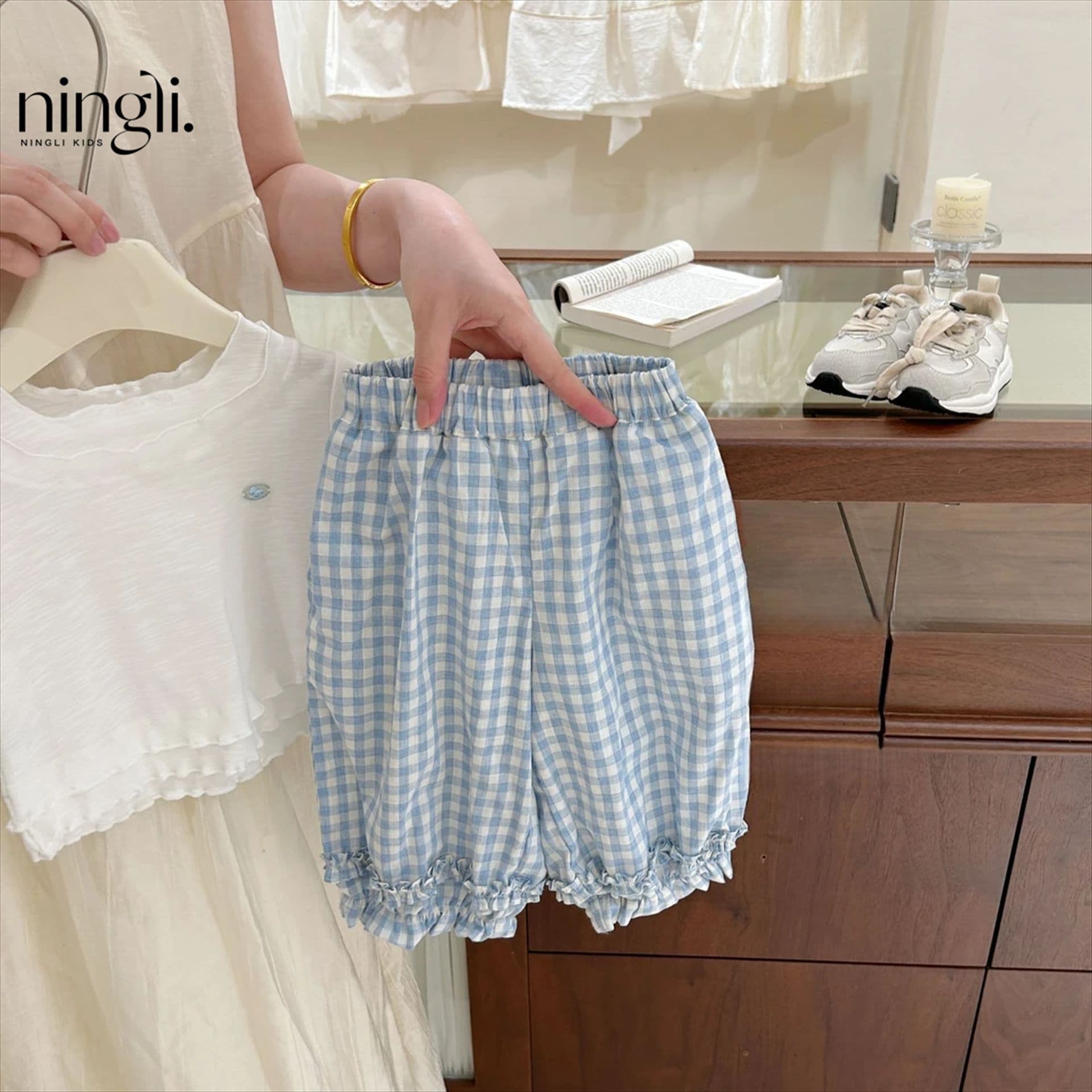 【Ningli】Perfect Fit! Kids Mosquito-Repellent Pants for Girls, Summer Thin Style, Korean Plaid Pants