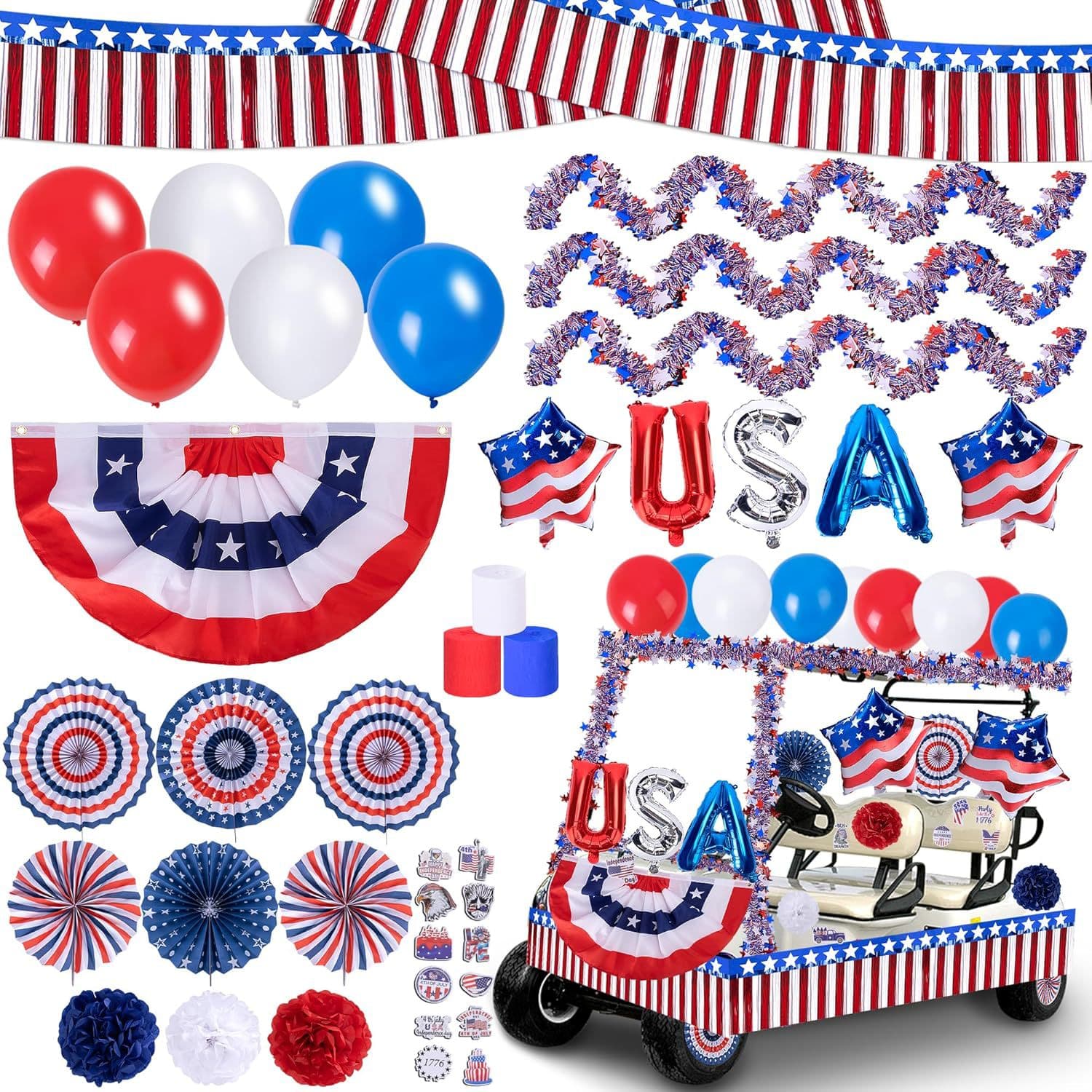 106 pieces American Independence Day Balloon Set Patriotic Party Tourist Car Decoration Latte Art Banner Flag Paper Fan Package