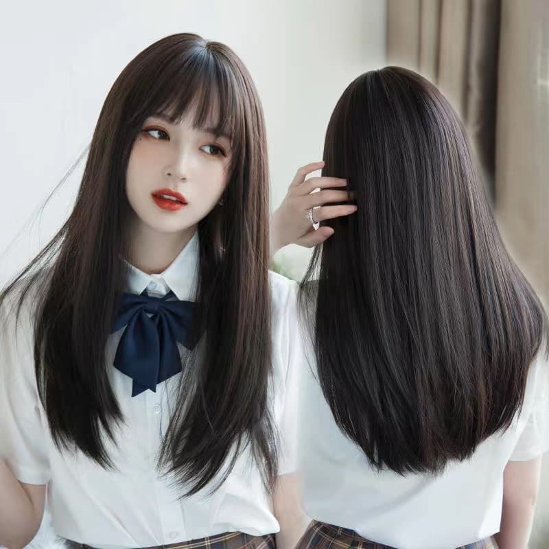 Wig for women with medium-long hair, clavicle hair, air bangs, natural real hair, fluffy short hair, round face, face-shaping, long straight hair