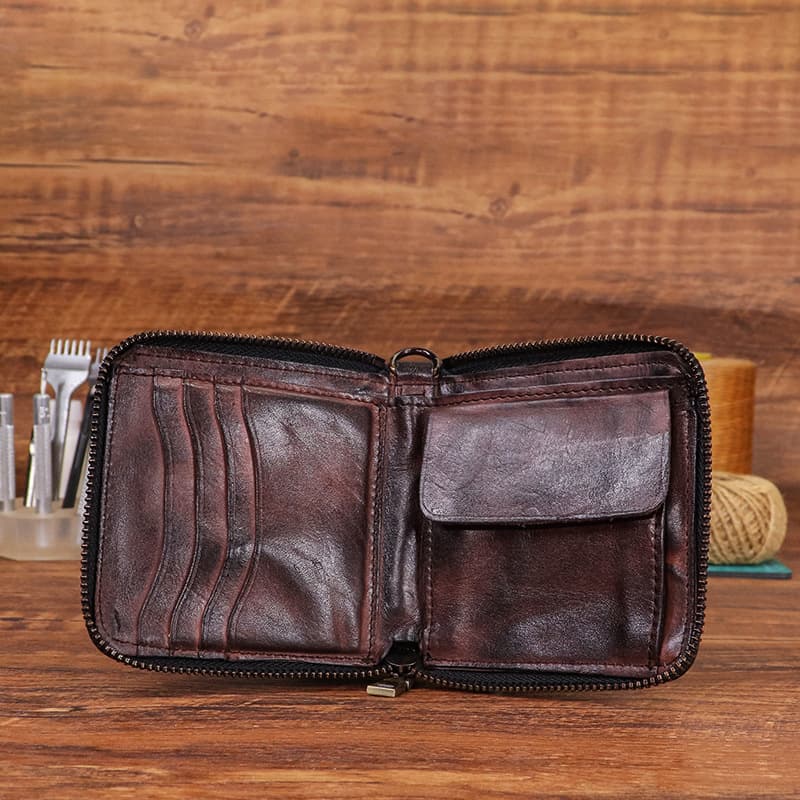 Vintage Handmade Short Wallet for Men and Women, Top Layer Cowhide Genuine Leather, Distressed Zipper Coin Purse for Driver's License