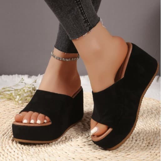 Cross-border European and American Style Velvet Slope Heel Slip-on Sandals for Women 2025 New Thick Sole Casual Non-slip Slippers