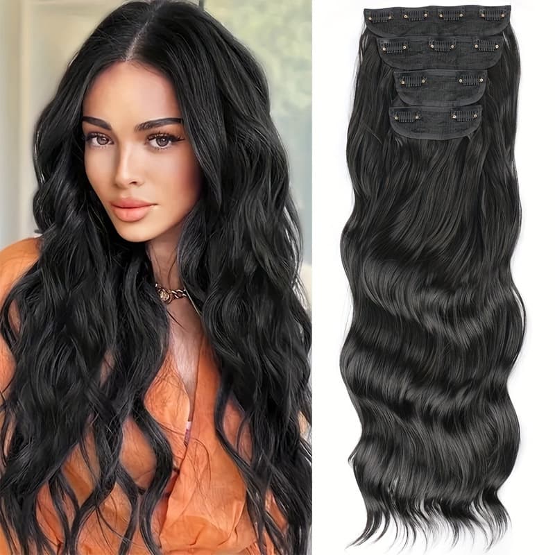 Wholesale 4-Piece Long Curly Hair Extension Set for Women, Water Wave Hairpiece, Cross-Border Wig Set
