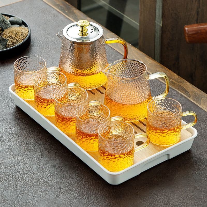 Heat-Resistant Glass Tea Set for Home Use, Colored Teacups with Handles, Red Teapot for Office, Red Tea Brewer with Tray