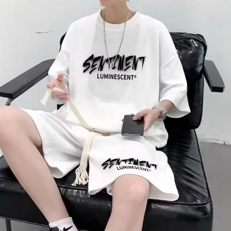 Waffles Suit Boys Summer Youth Casual Sportswear with Handsome Shorts Men's Short-sleeved Two-piece Fashionable Suit