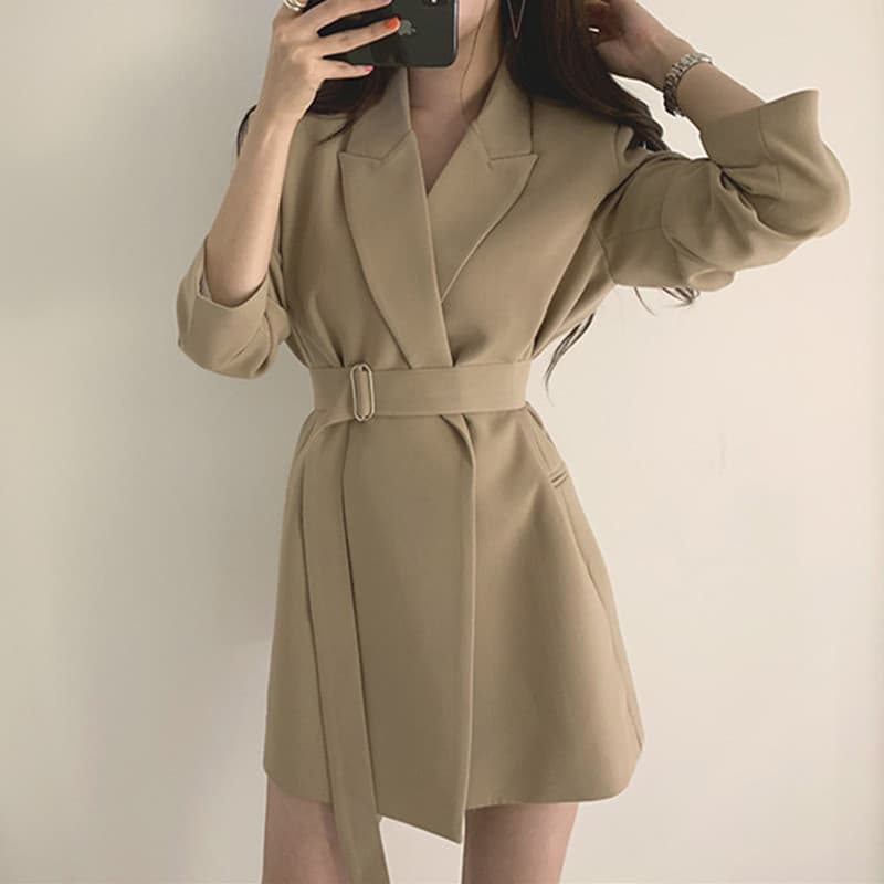 Trendy Mid-Length Blazer with Belt, Chic Retro Style, Korean 2026 Casual Blazer for Women