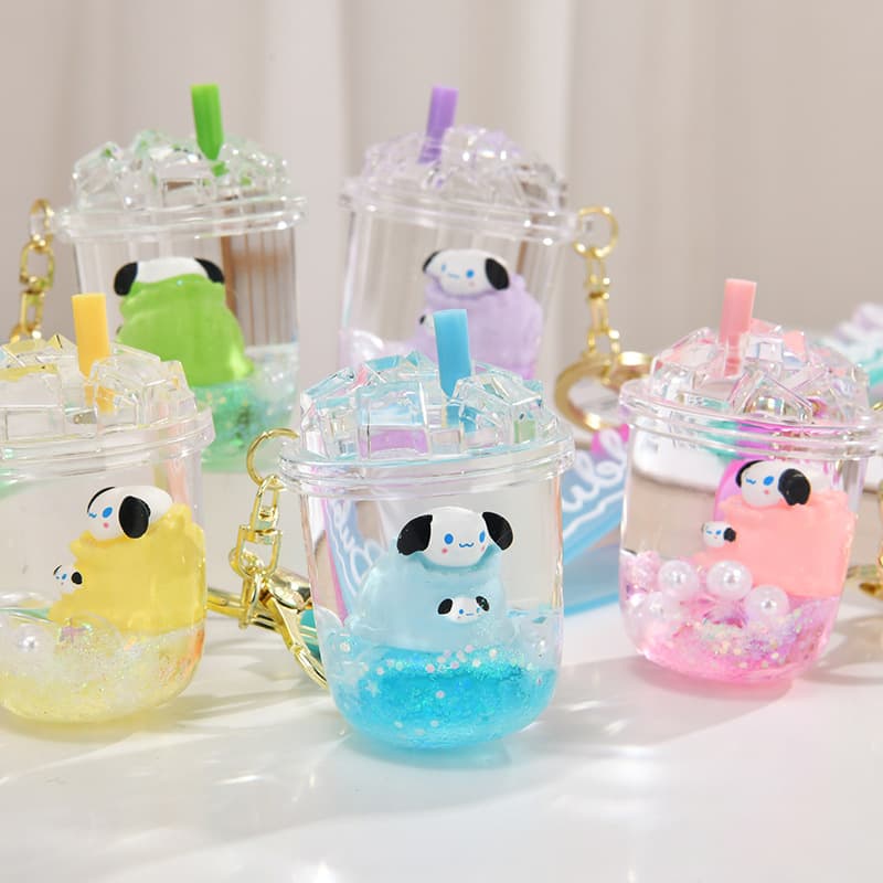 Oil bottle iceberg milk tea cup keychain Sanrio floating transparent pendant creative bag pendant DIY style