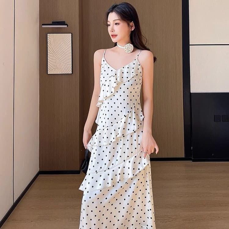 French temperament college style suspender dress for women summer new style waist slimming French ruffle long skirt