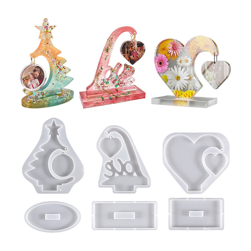 DIY Crystal Epoxy Christmas Tree Heart Photo Frame Mold - Large and Small Heart Christmas Tree Puzzle Hanging Photo Frame Display Mold