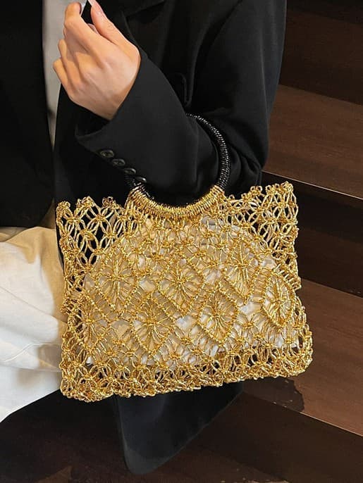 Beach Vacation Woven Tote Bag for Women 2025 Summer New Hollow Casual Large Capacity Handbag