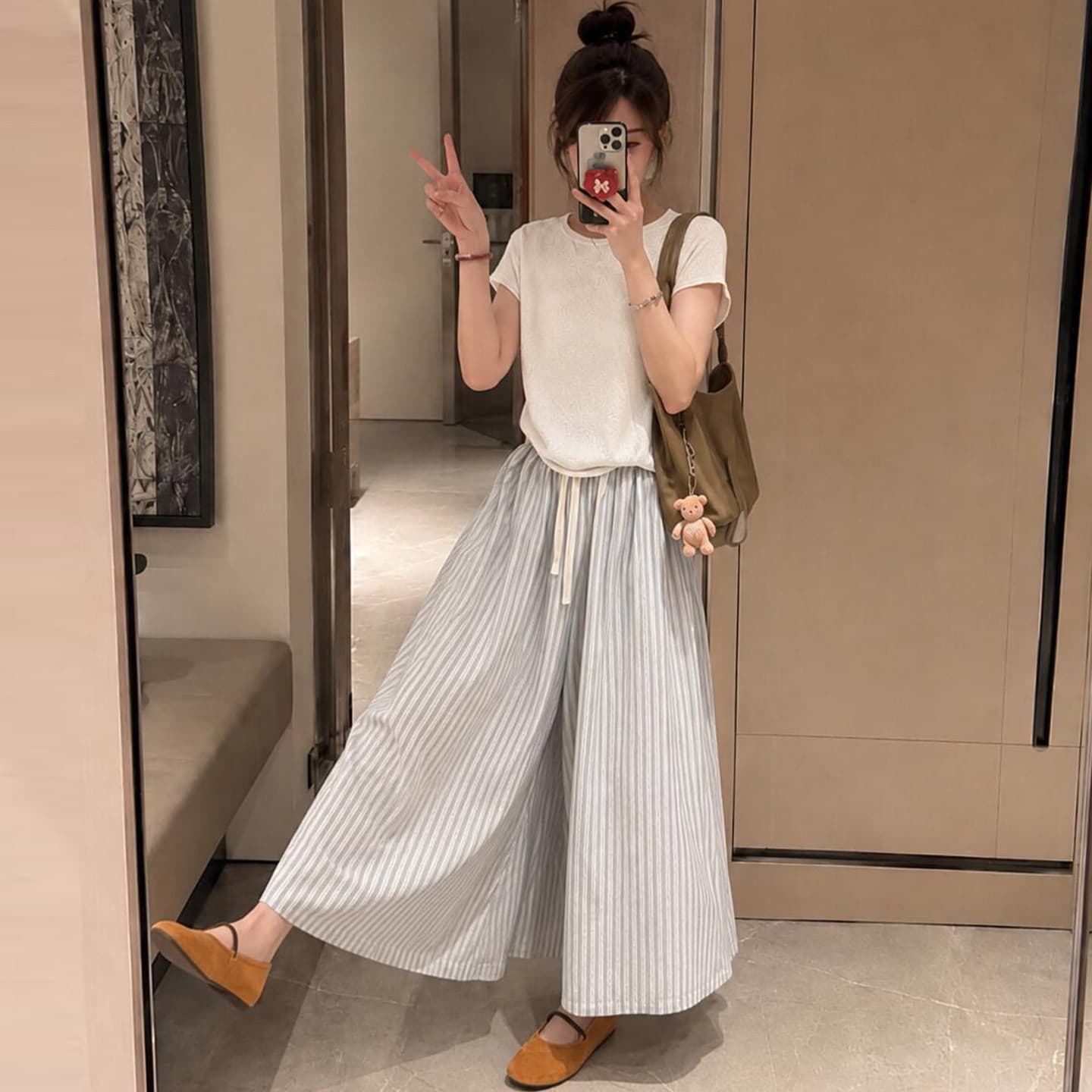 Blue Striped Wide-Leg Pants for Women, Summer Thin High-Waist Petite Loose Skirt Pants, Casual Linen Cotton Cropped Pants