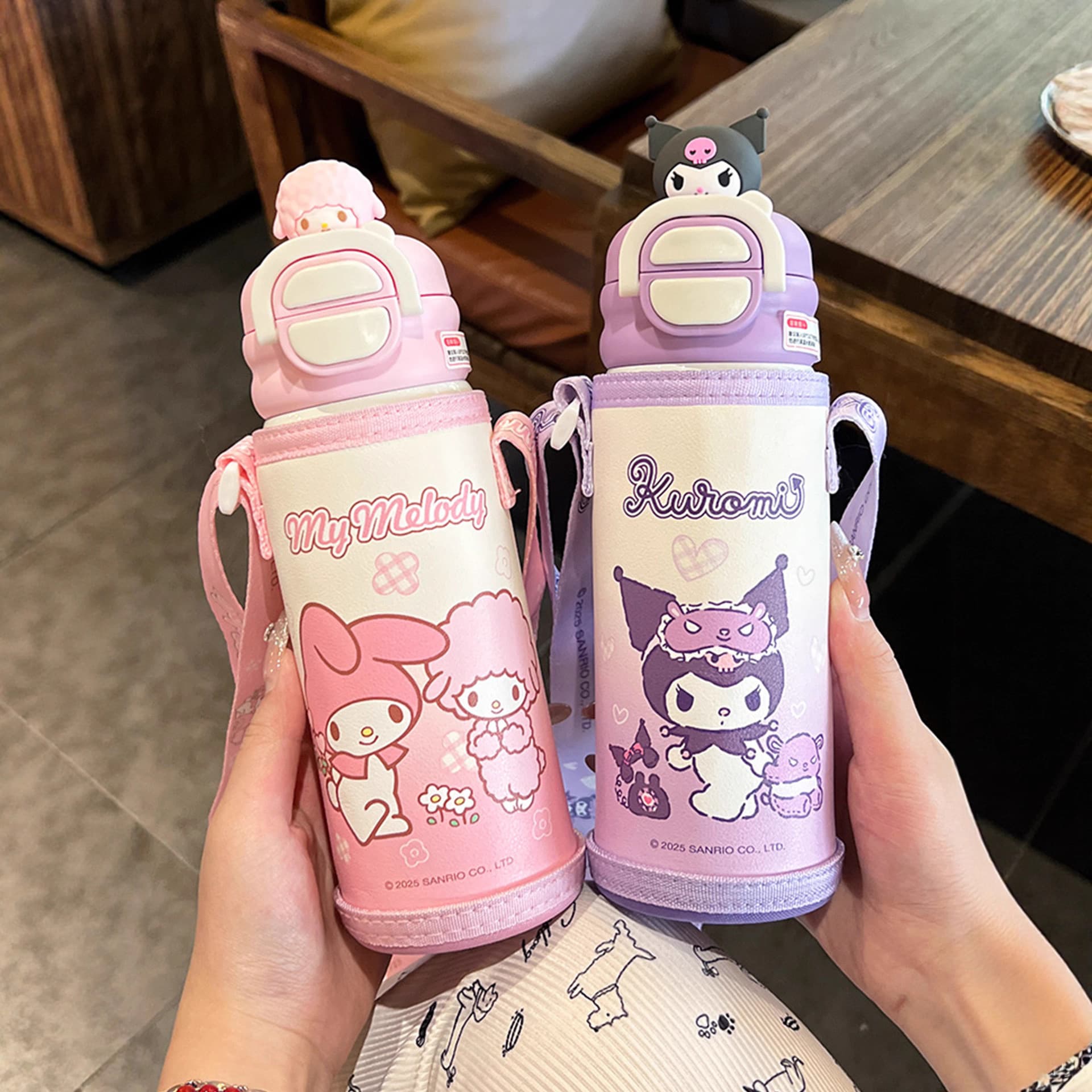 Kuromi Water Bottle Kids Dual-Drink Cup Insulated Thermos for School with Cup Holder Food-Grade 316 Stainless Steel
