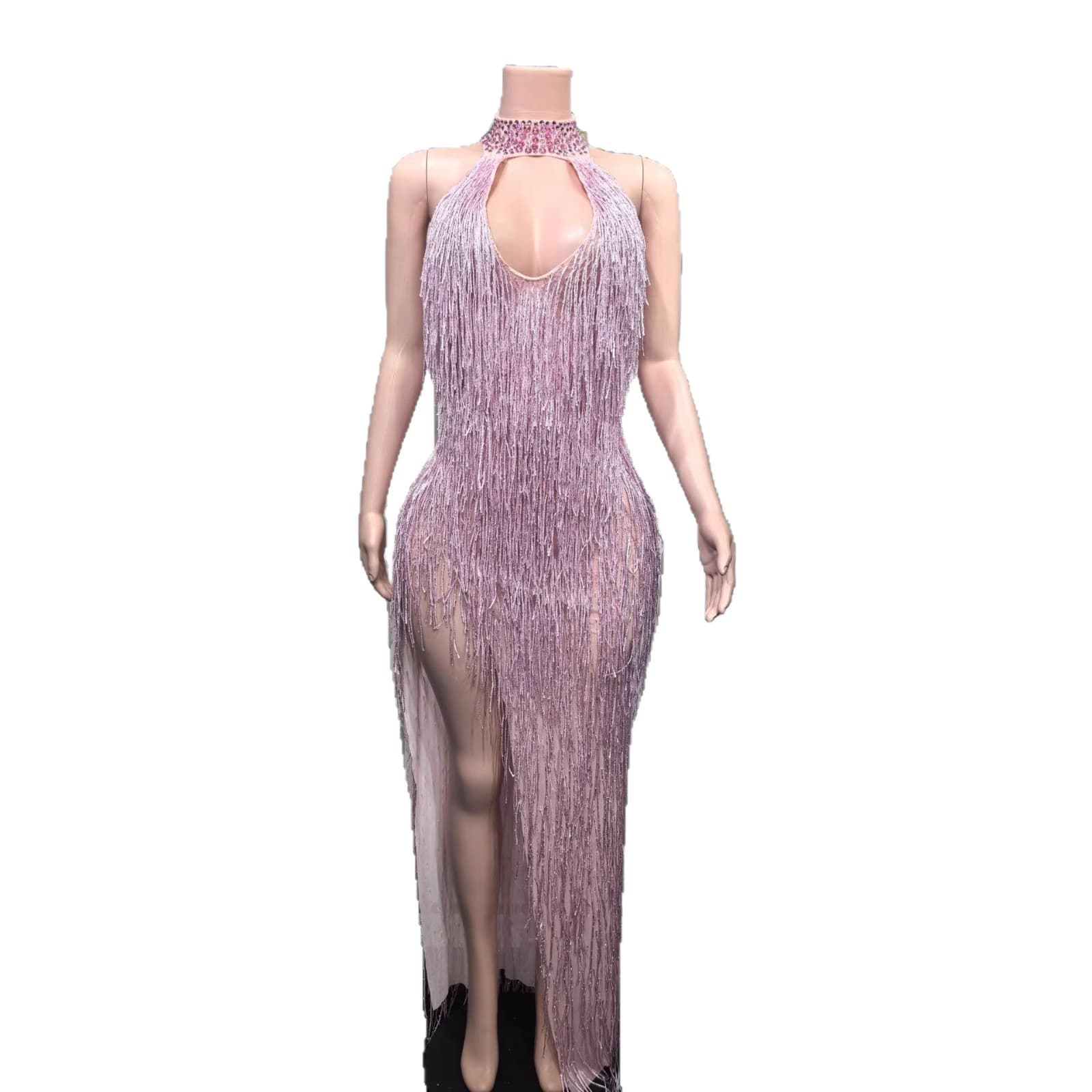European and American Shining Fringe Long-Sleeve Talent Performance Dress, Nightclub Go-Go Dance Dress, Long Slimming Halter Neck Evening Gown