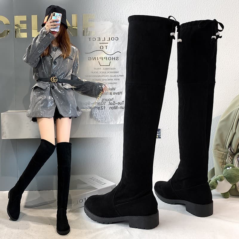 Drop Shipping Women's Over-the-Knee Boots 2020 Autumn/Winter New Velvet Stretch Slim High Boots with Chunky Heel