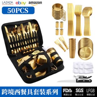 Cross-border Stainless Steel 6-Person Cutlery Set Outdoor Picnic Steak Knife Fork Spoon Cloth Bag Custom Cutlery Set