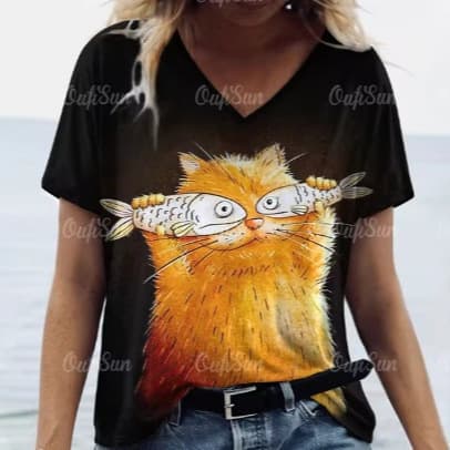 Cross-border Amazon TK Hot Selling Cute Cartoon 3D Digital Print Casual Harajuku Women's V-Neck T-Shirt