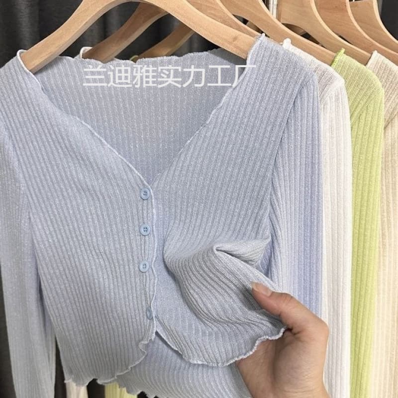 Sweet lace V-neck sun protection cardigan for women summer short versatile thin knitted outer air-conditioning blouse top