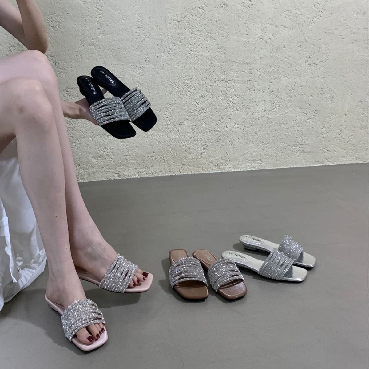 French Rhinestone Flat Slide Sandals Fairy Shoes 2026 Summer Outdoor Beach Dress Silver Sandals Women