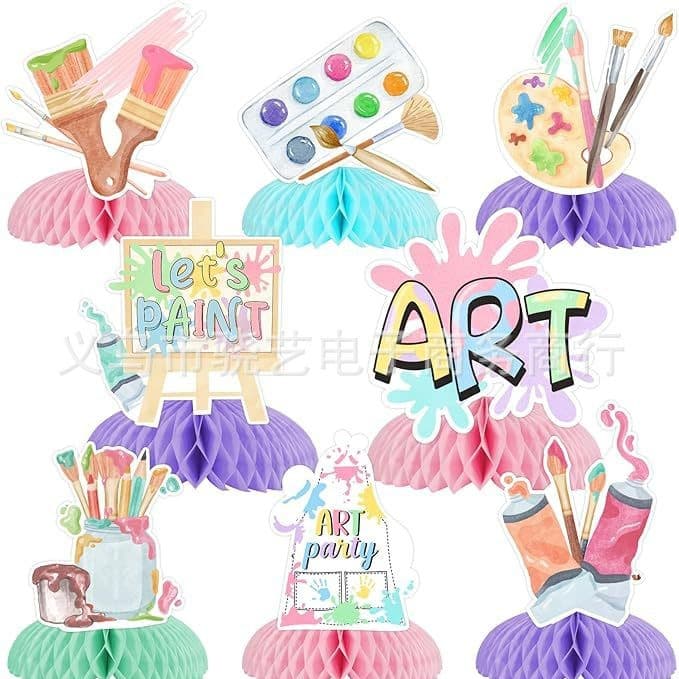 8-Piece Artistic Birthday Honeycomb Decoration Set, Watercolor Ink Painting Art Style Birthday Party, Boy and Girl Birthday