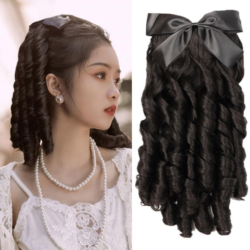 Wig female high ponytail simulation retro cheongsam hairstyle golden powder family republic of China Roman curly long hair fake ponytail braid