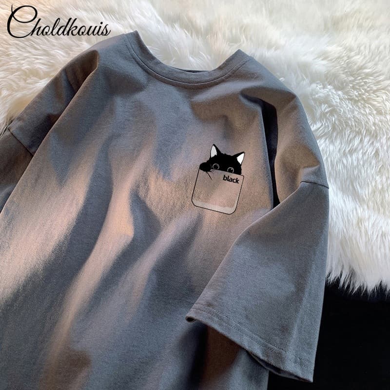Pure cotton short-sleeved T-shirt men's summer ins Hong Kong style trendy half-sleeved loose couple wear T-shirt boys round neck pure black