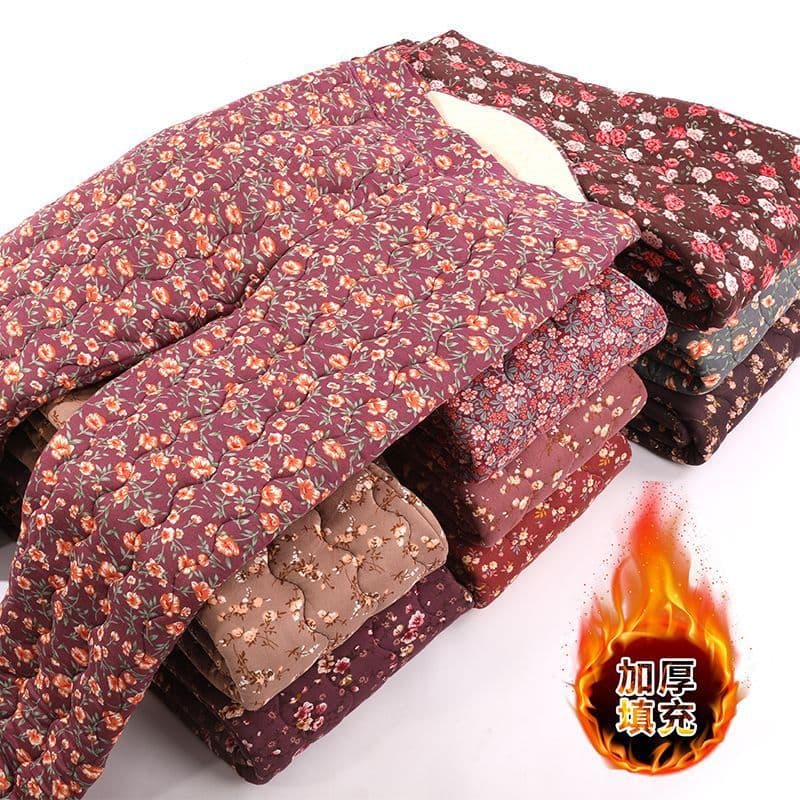 Factory wholesale thermal long johns for middle-aged and elderly, extra thick floral pattern, tall size cotton pants, mid-waist high-waist slim fit warm pants