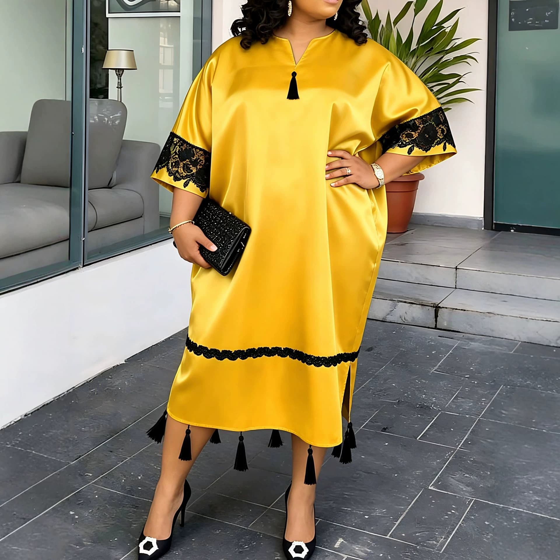 New Fashion African Patchwork Dress Batwing Sleeve V-Neck Satin Fringe BUBU Long Robe Dresses