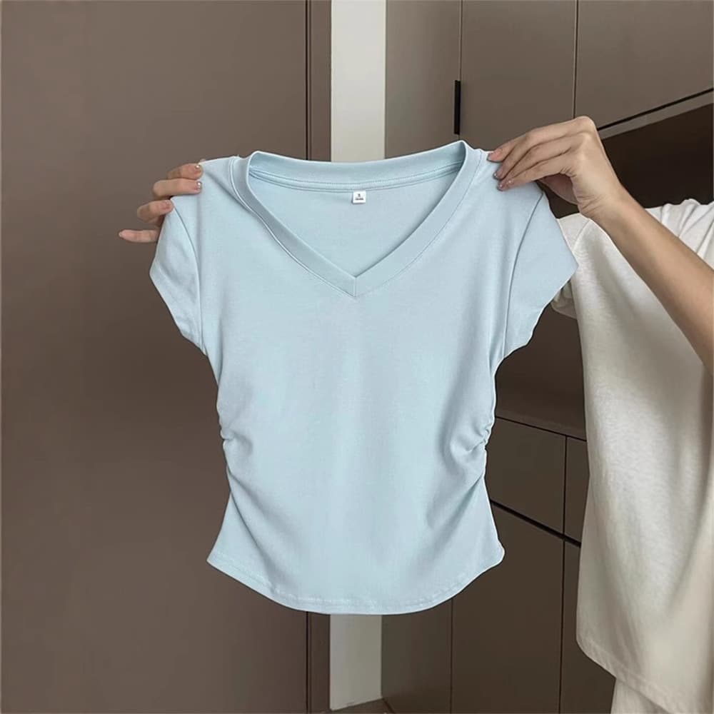 92 Cotton Blue Shoulder Short-sleeved T-shirt Women's Summer Slim-fit Slimming Western-style Pleated Waist Short T-shirt Top