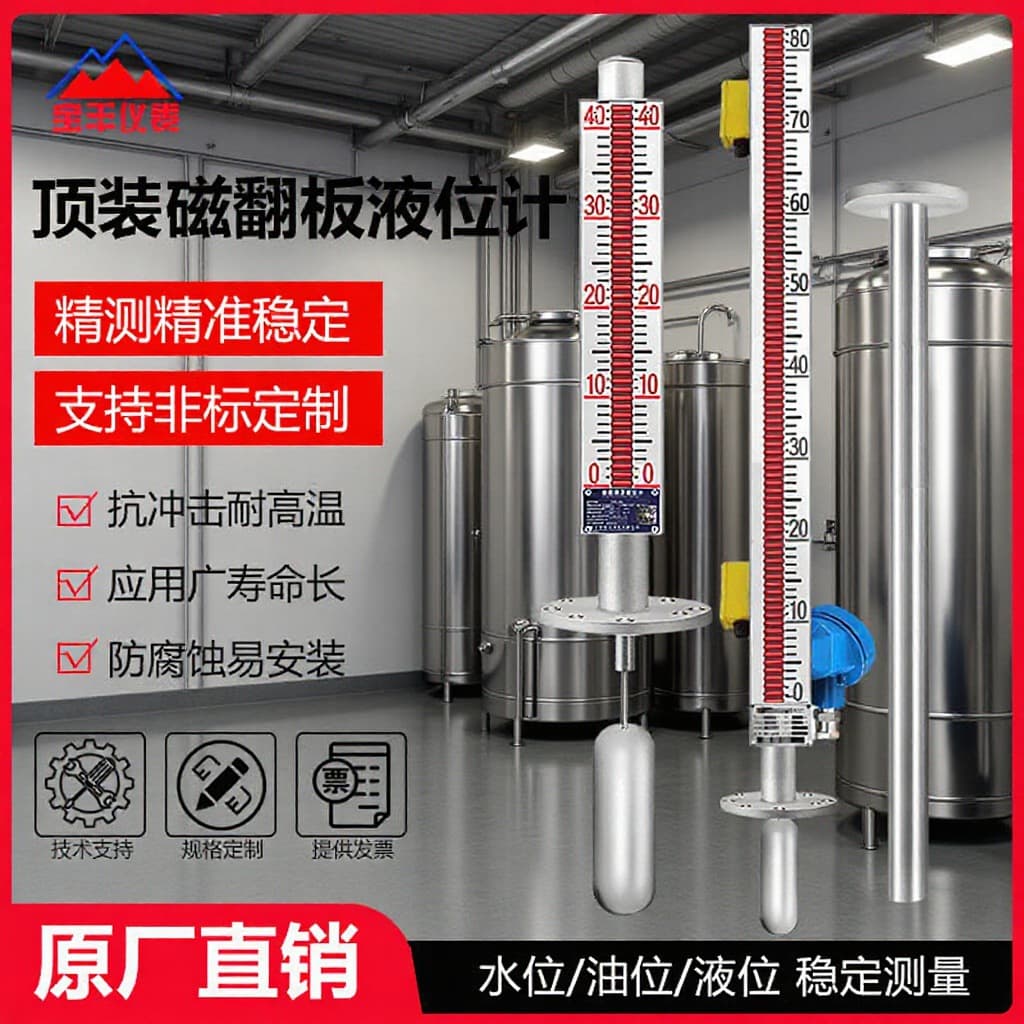 Magnetic level gauge with remote transmission, top-mounted magnetic float, stainless steel water level gauge for level measurement.