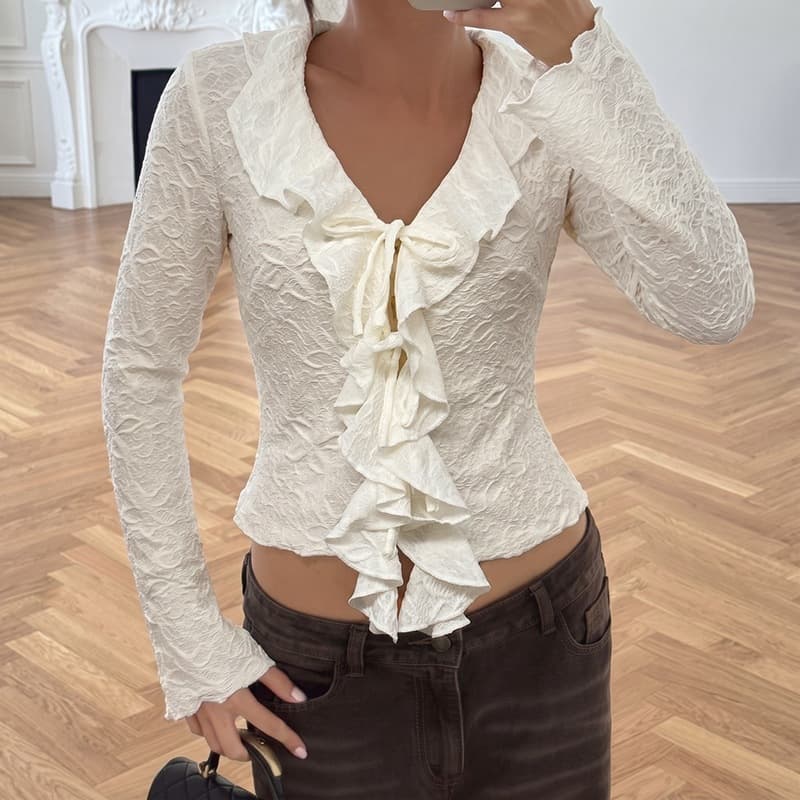 tiktok European and American cross-border 2026 autumn and winter new style elegant lace-up V-neck long-sleeved women's shirt