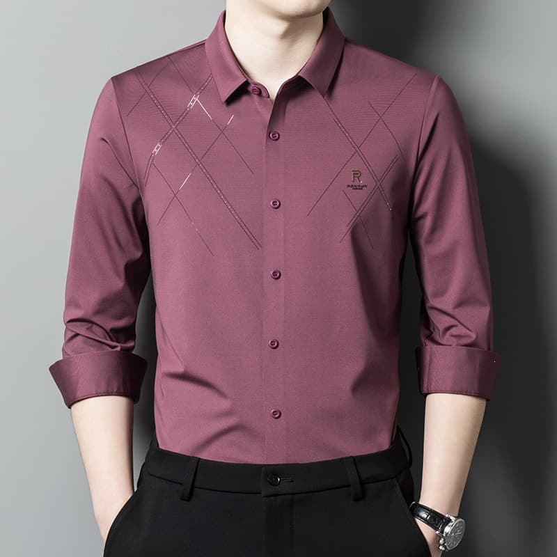 Men's seamless shirt, long-sleeved autumn thin burgundy shirt, middle-aged dad's wedding dress, father-in-law's wedding banquet outfit