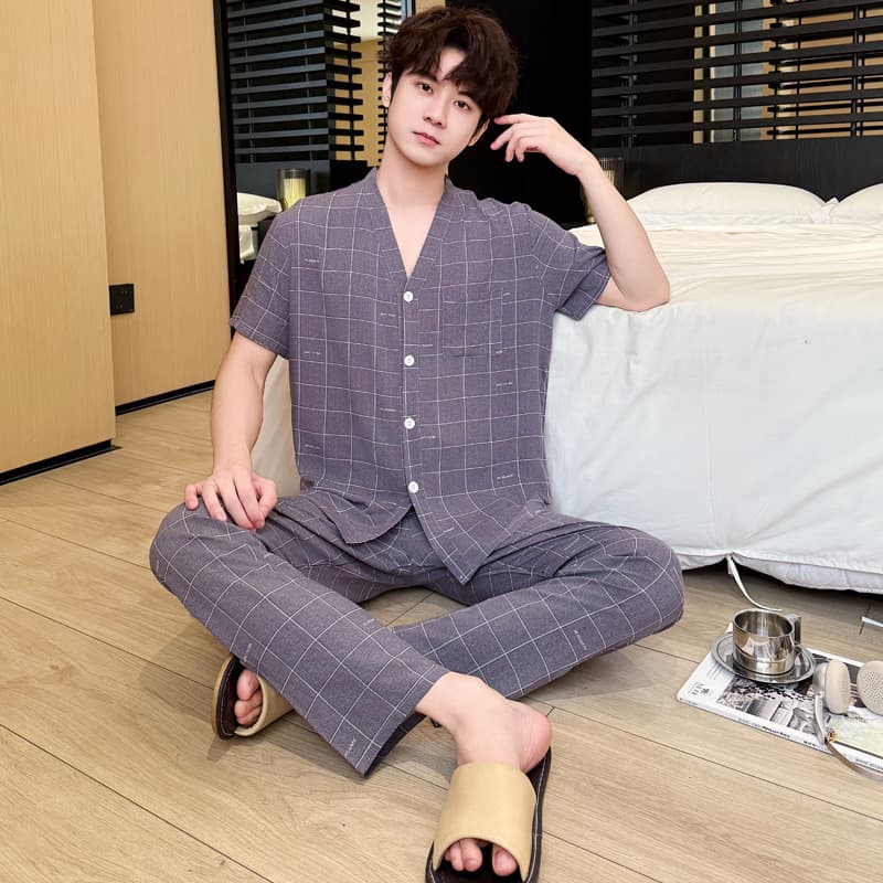 Summer Men's Cotton Silk Pajamas, Short Sleeve, Long Pants, Cardigan, V-Neck, Thin, Loose Fit, Plus Size, Suitable for Outdoor Wear, Home Loungewear Set