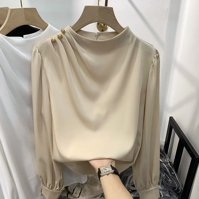2025 spring new European goods design sense temperament solid color shoulder beaded pullover long sleeve chiffon shirt women's thin shirt