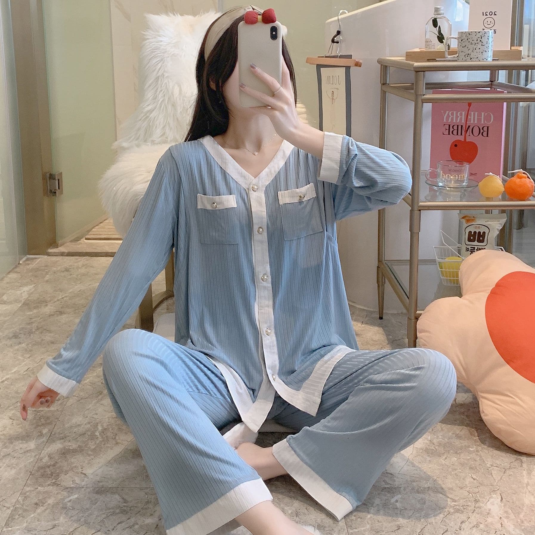 Modal Maternity Sleepwear Cotton Spring Summer Thin V-Neck Nursing Top Long Sleeve Pants Set Breastfeeding Clothes