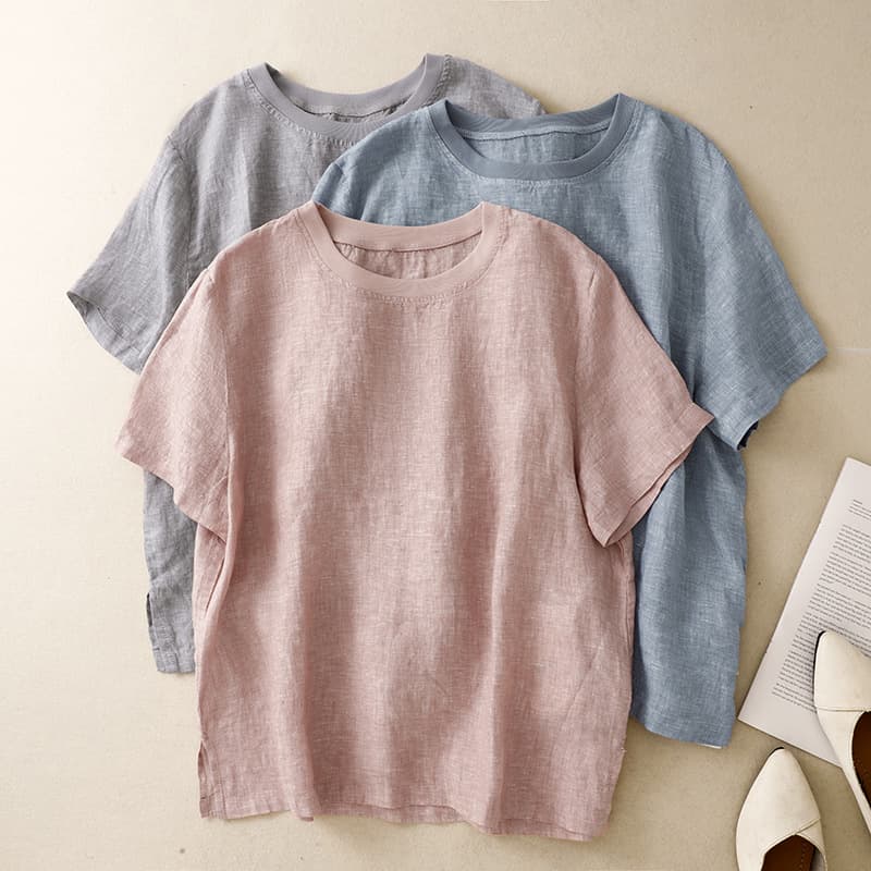 Blue Linen T-Shirt for Women 2026 Summer New Fashion Age-Defying Loose Slimming Regular Shoulder Linen Top