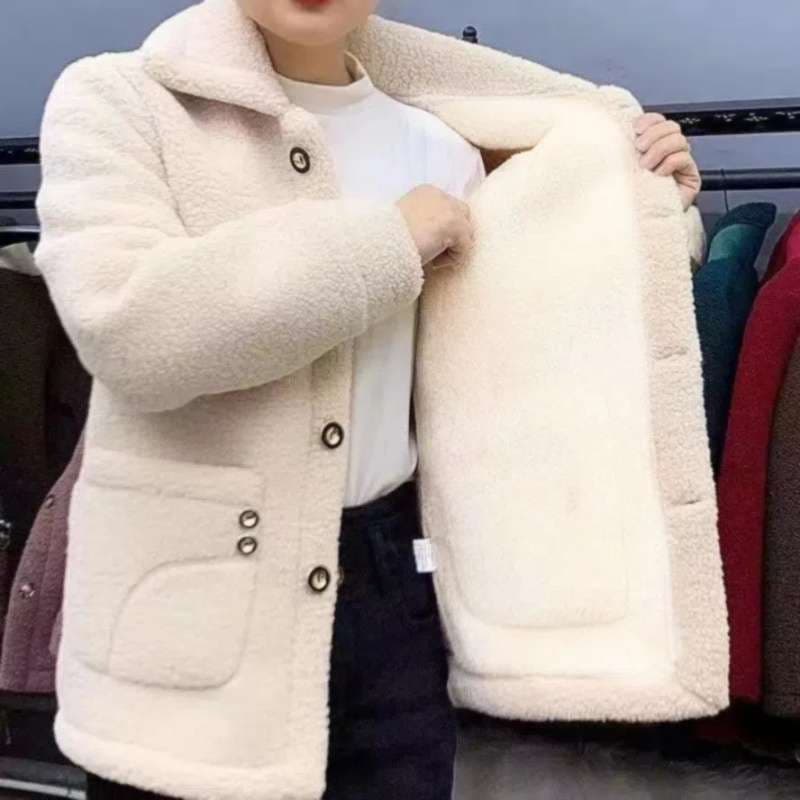 Fleece-Lined Thickened Imitation Lamb Plush Fur Mother's Style Mid-Length Leather Warm Coat for Women
