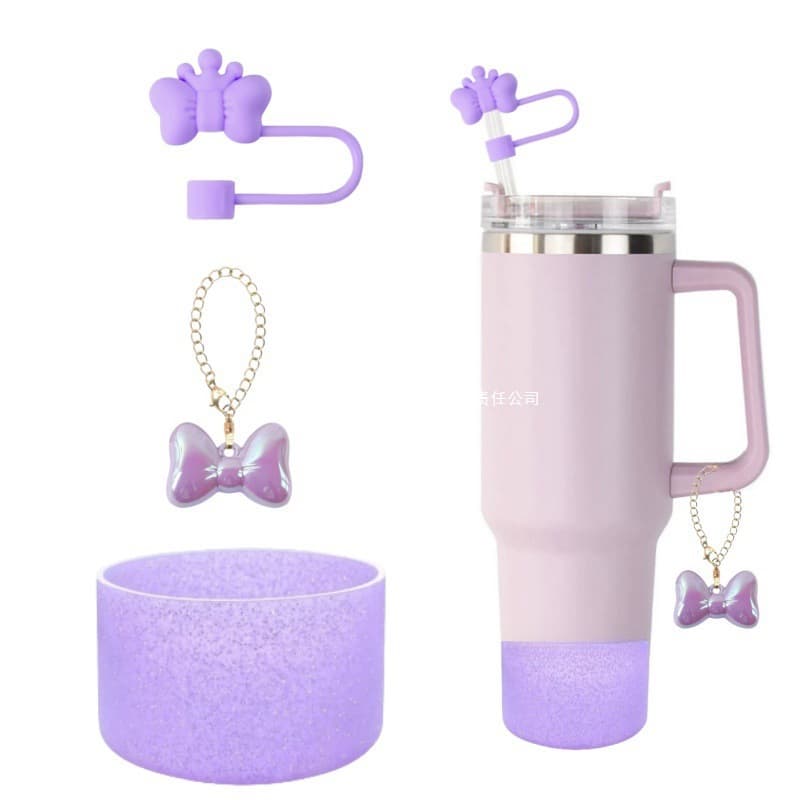 Stanley Cup Accessory Set Multicolor Bow Straw Topper Bow Chain Fine Glitter Silicone Cup Sleeve 3-Piece Set