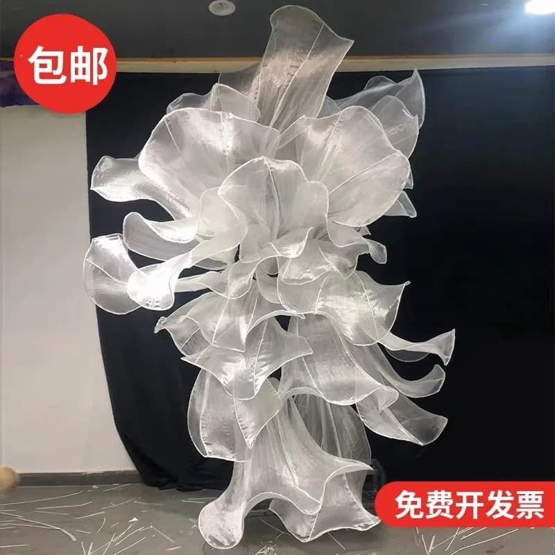 Giant floral arrangements for wedding decorations, silk organza floral arrangements, wedding backdrops, window displays, gauze flowers, and paper flowers.