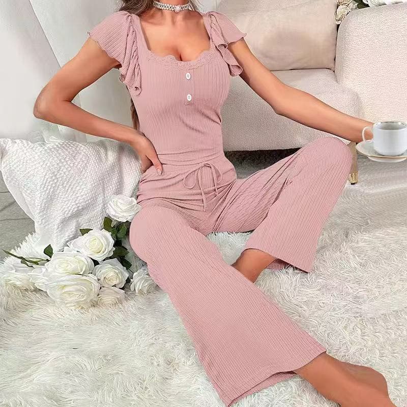 New Cross-Border Aliexpress Four-Season Universal Women's Home Wear Ribbed Short-Sleeve Crop Top and Long Pants Set