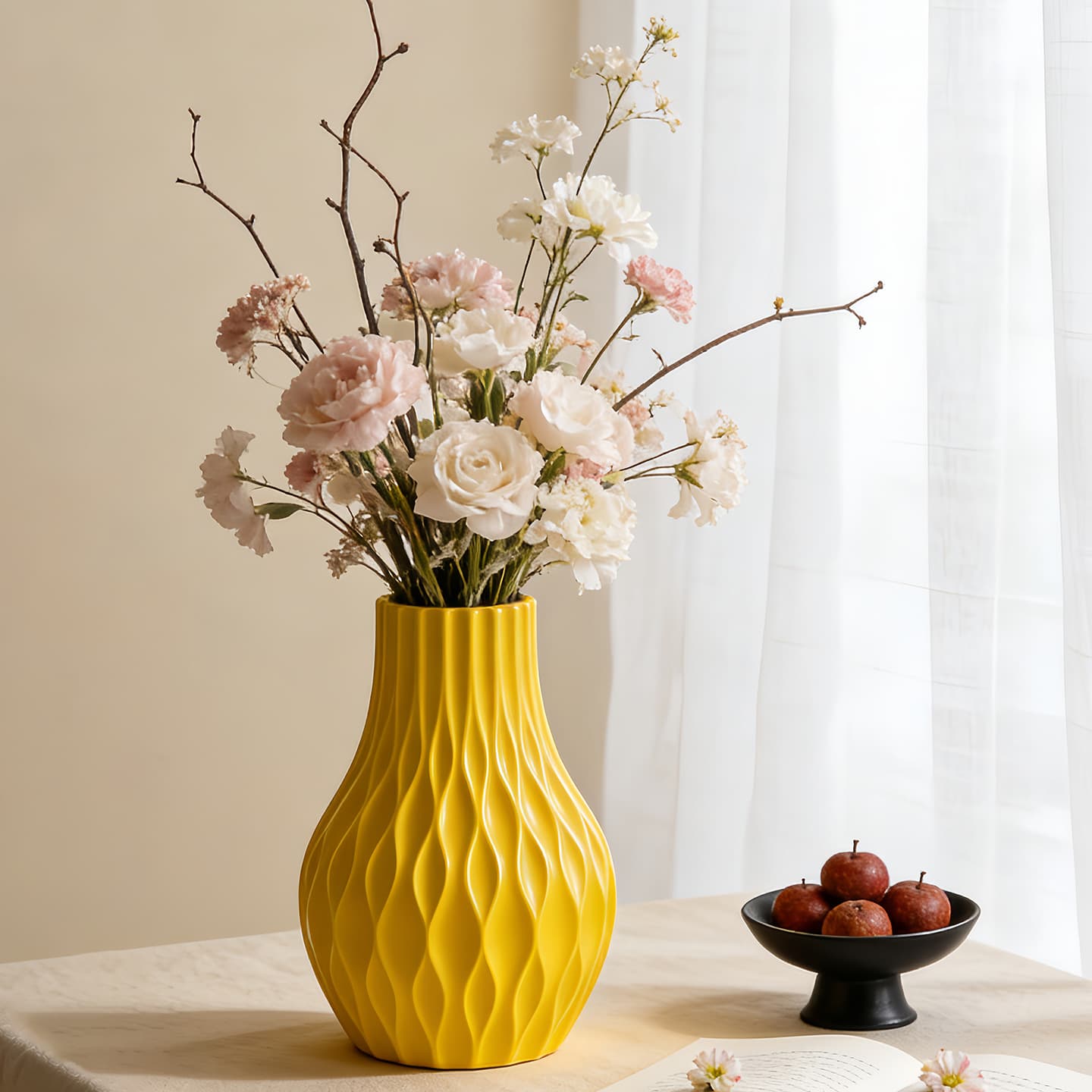 Nordic Minimalist Ceramic Large-Diameter Vase, White, for Living Room, Light Luxury Dried Flower Arrangement Vessel, Hydroponic Plant Decoration Ornament