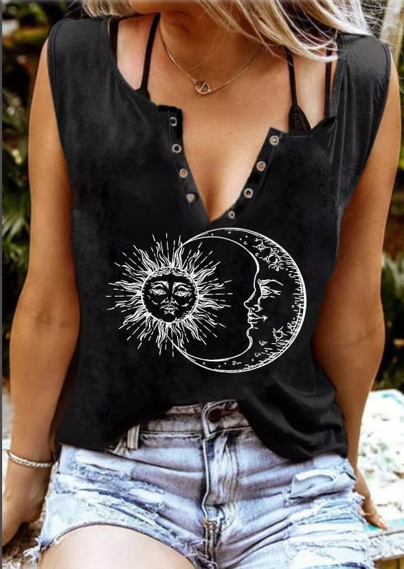 Women's Sleeveless Deep V-Neck T-Shirt with Sun and Moon Print for Cross-Border E-commerce Amazon