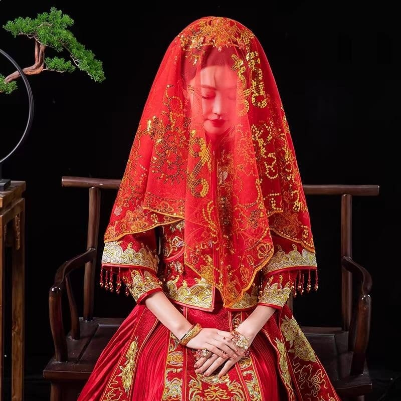 Red Bridal Veil Xiuhe New Style Wedding Veil Transparent Gauze Wedding Set Semi-Transparent Marriage Dance