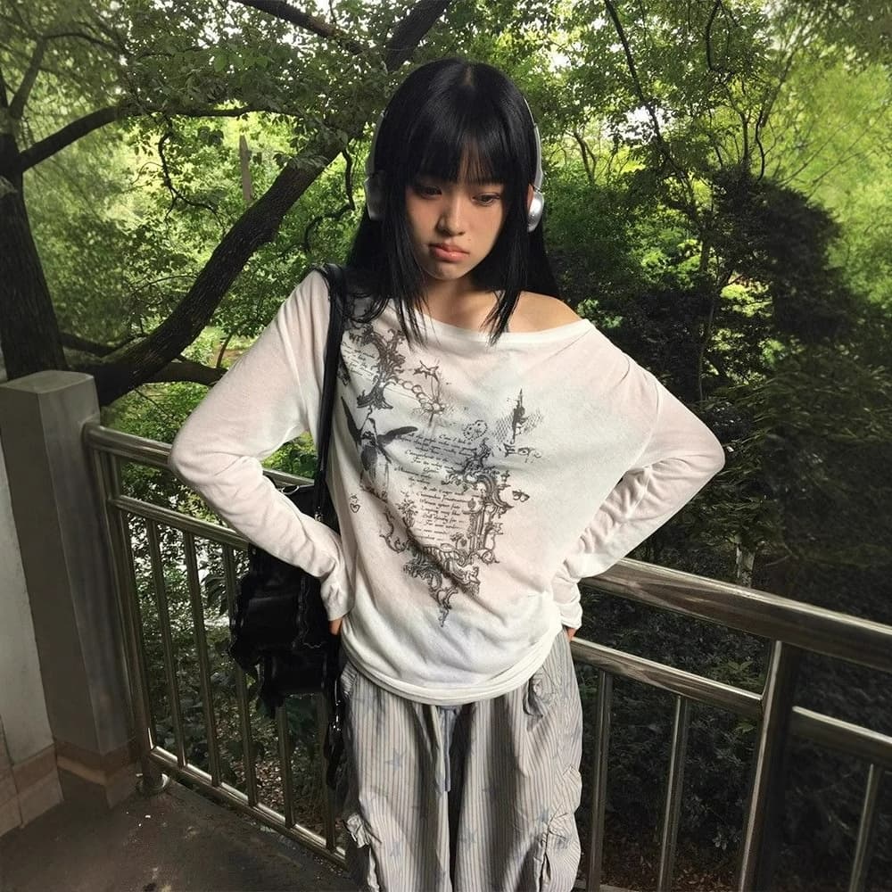 [In-stock from our own factory] [Original fabric] Vintage American printed long-sleeve T-shirt for women, spicy style