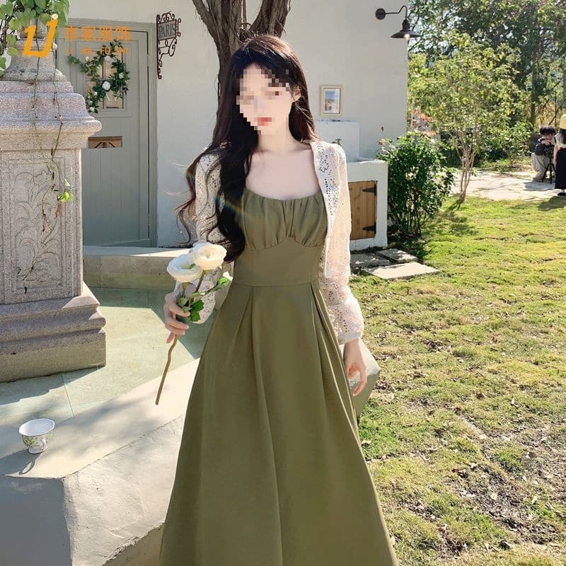 Plus-size women's spring and autumn new style waist-cinching suspender dress + hollowed-out long-sleeved shawl two-piece dress spring and summer