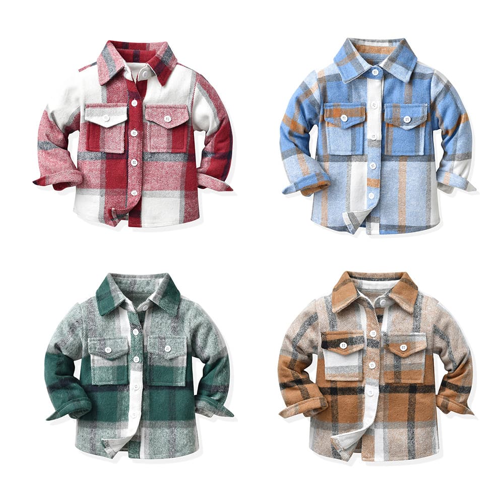 Autumn boys' jackets, new Korean-style unisex plaid flip-collar brushed long-sleeve trendy short cardigans